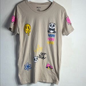 On Fire Beige Tee with Panda and Smiley Graphics
